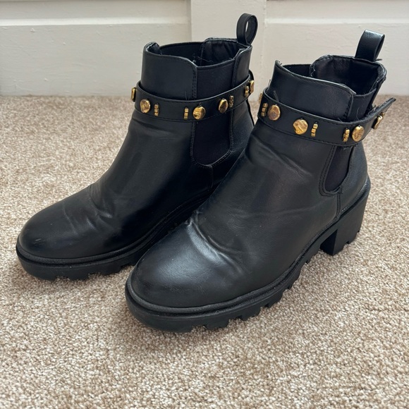 Black Chunky Heeled Combat Boots with Gold Embellishments - Picture 2 of 4